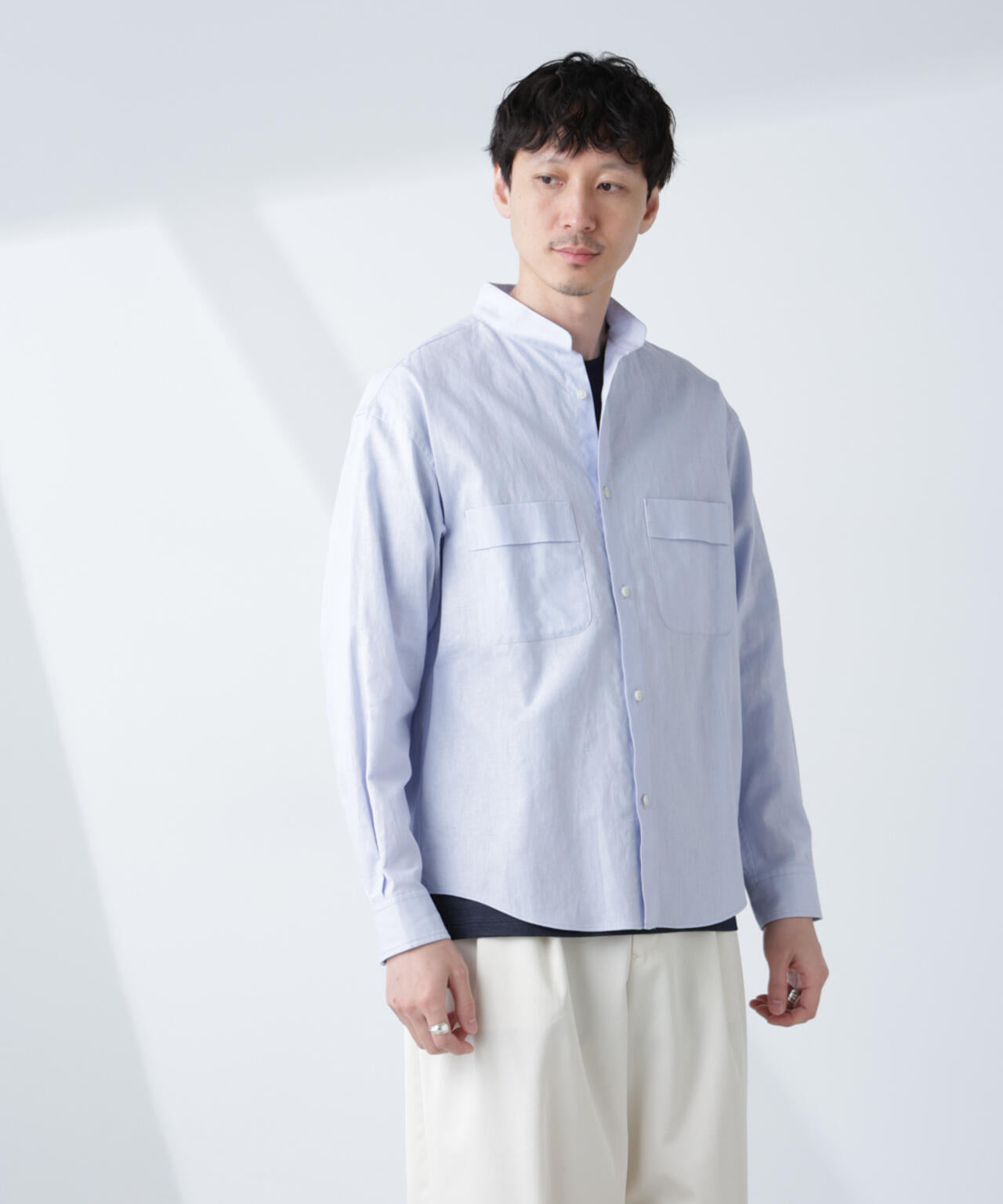 「BELGIUM LINEN FABRICS」リネンコットンスタンドカラーシャツ