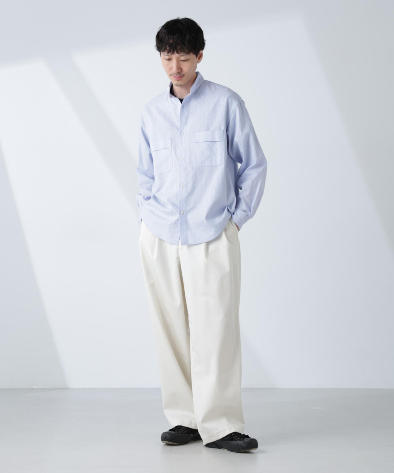 「BELGIUM LINEN FABRICS」リネンコットンスタンドカラーシャツ