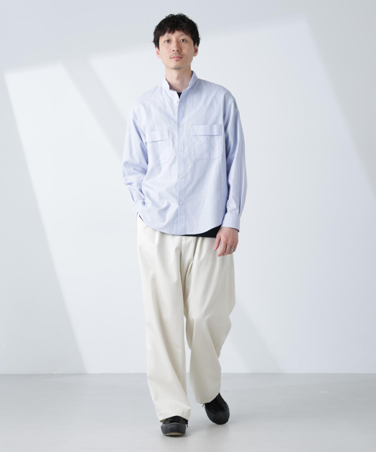 「BELGIUM LINEN FABRICS」リネンコットンスタンドカラーシャツ