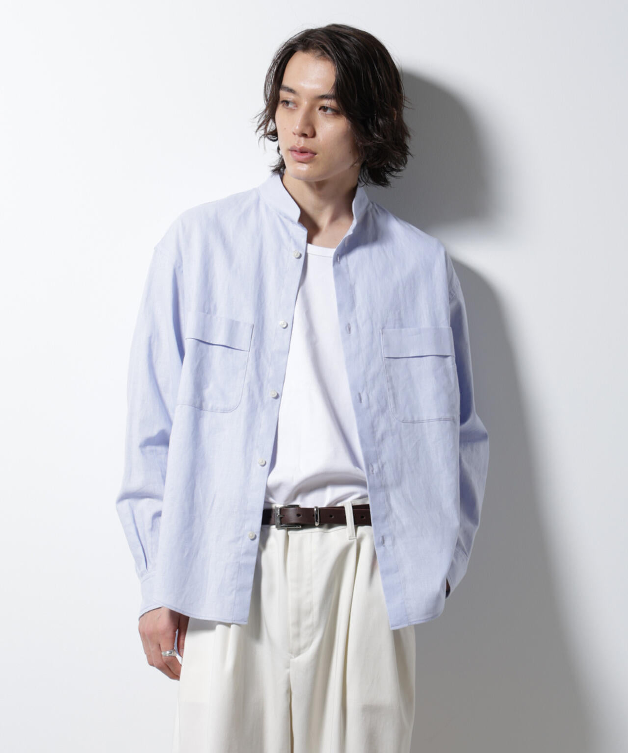 「BELGIUM LINEN FABRICS」リネンコットンスタンドカラーシャツ