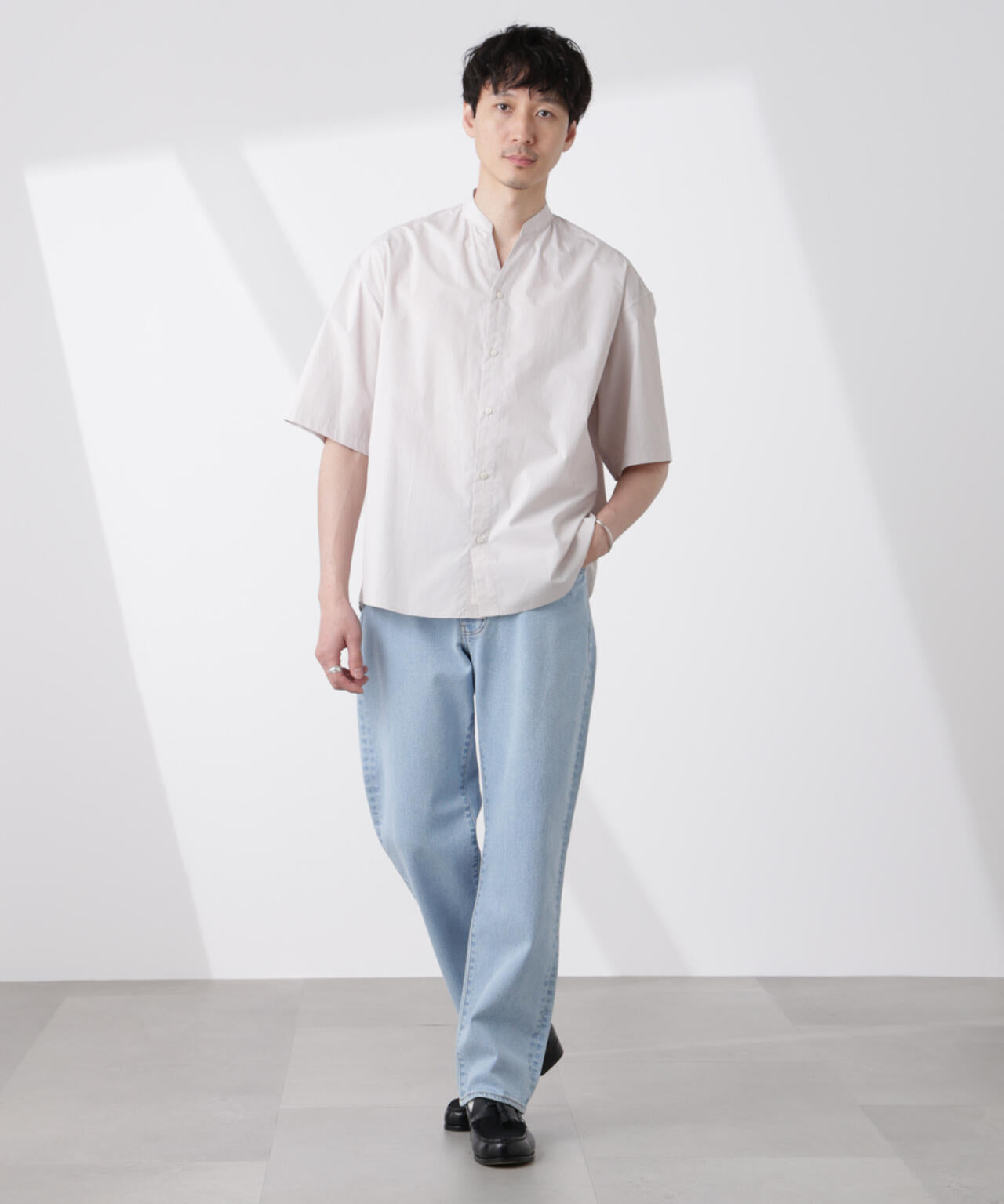 「大人のワイドシャツ」バンドカラー 半袖