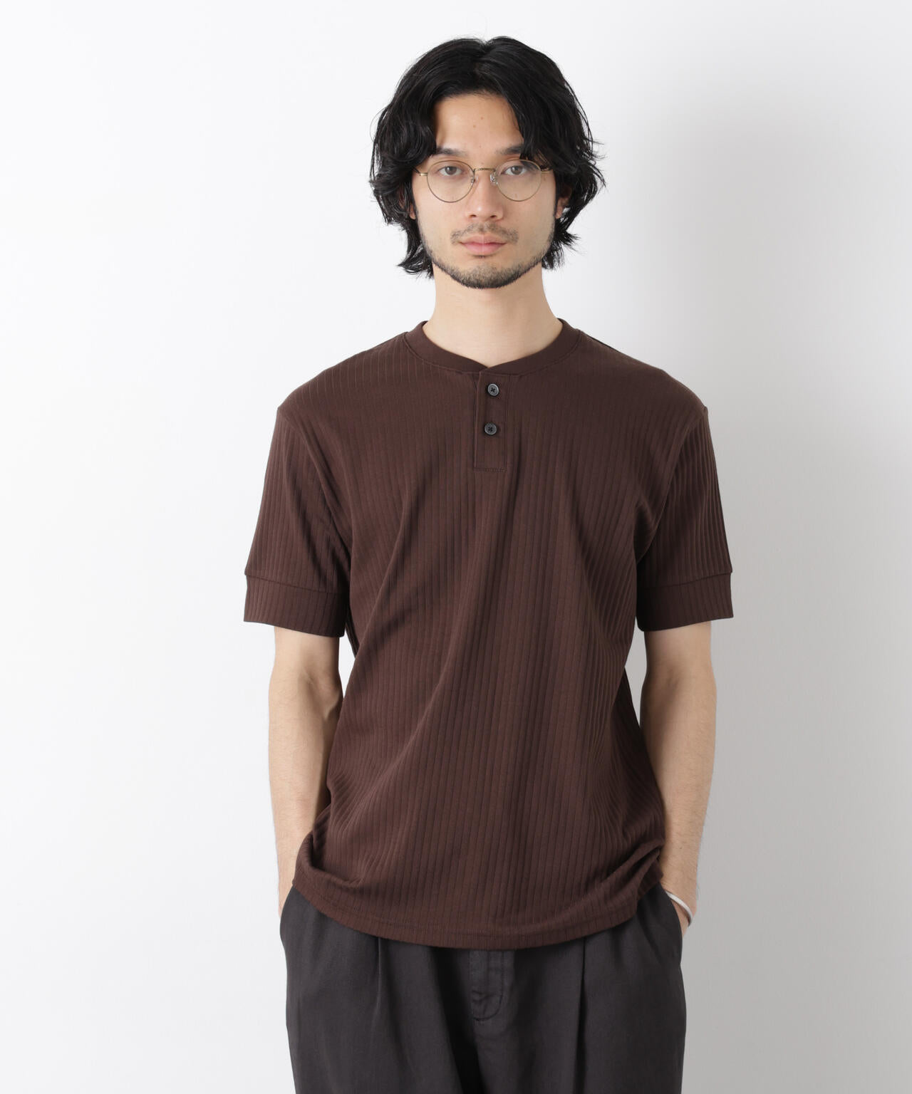 ワイドリブスタンダードヘンリーネックTシャツ 半袖