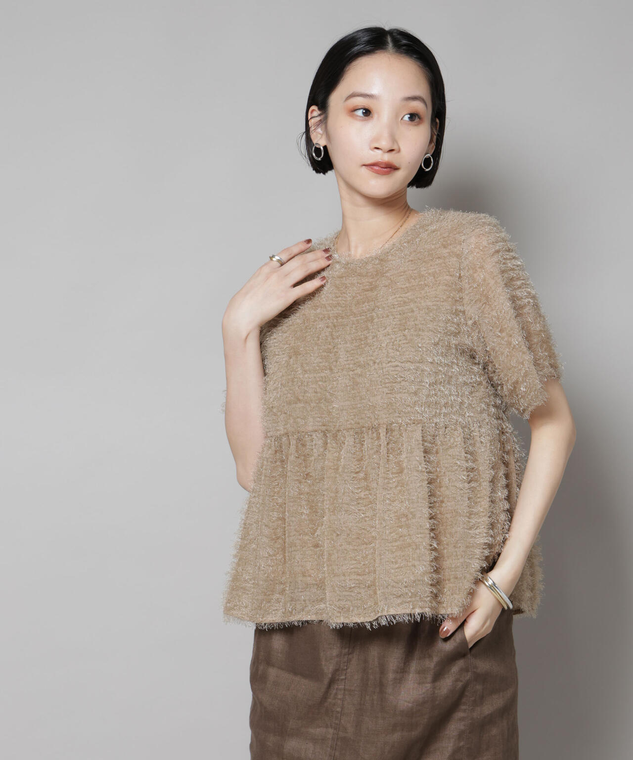 フリンジシフォンギャザーブラウス(セットアップ可)