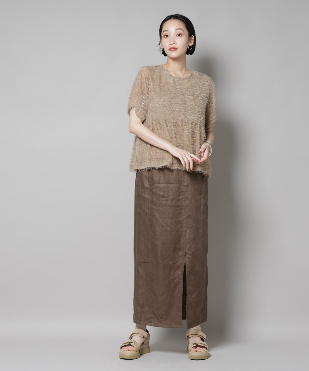フリンジシフォンギャザーブラウス(セットアップ可)
