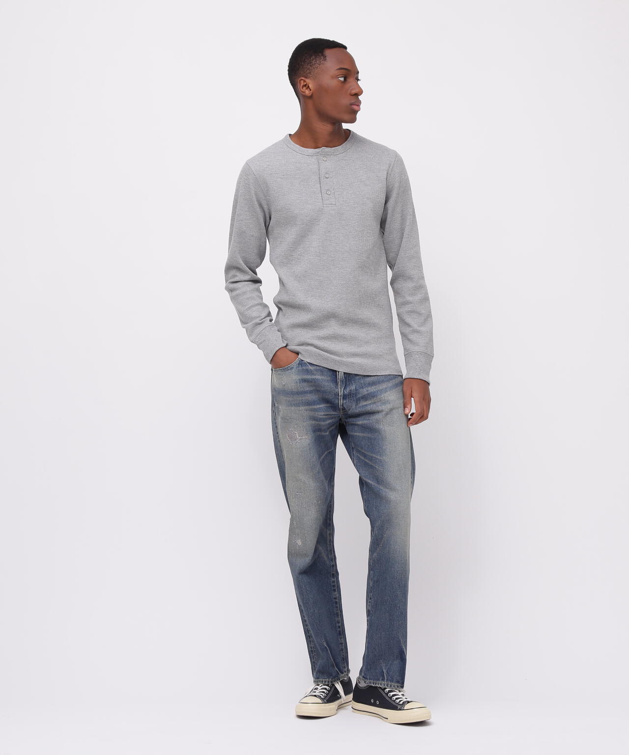 《DAILY/デイリー》THERMAL L/S HENLEY NECK T-SHIRT/サーマル 長袖 ヘンリーネック Tシャツ
