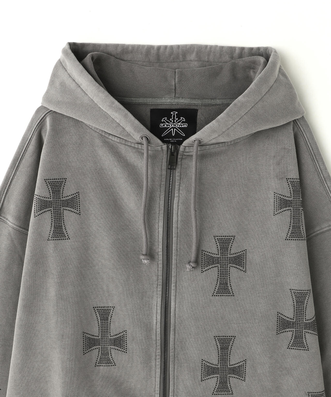 UNKNOWNLONDON/アンノウンロンドン/WASH GREY×BLACK CROSS ZIP HOODIE