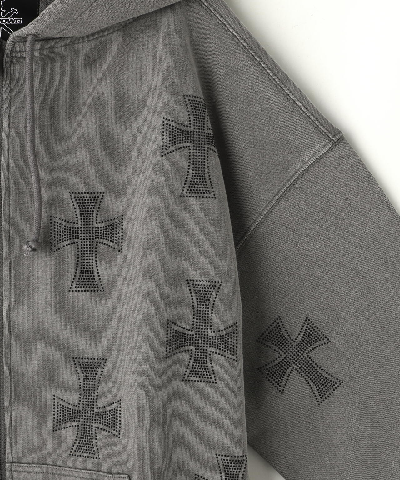 UNKNOWNLONDON/アンノウンロンドン/WASH GREY×BLACK CROSS ZIP HOODIE