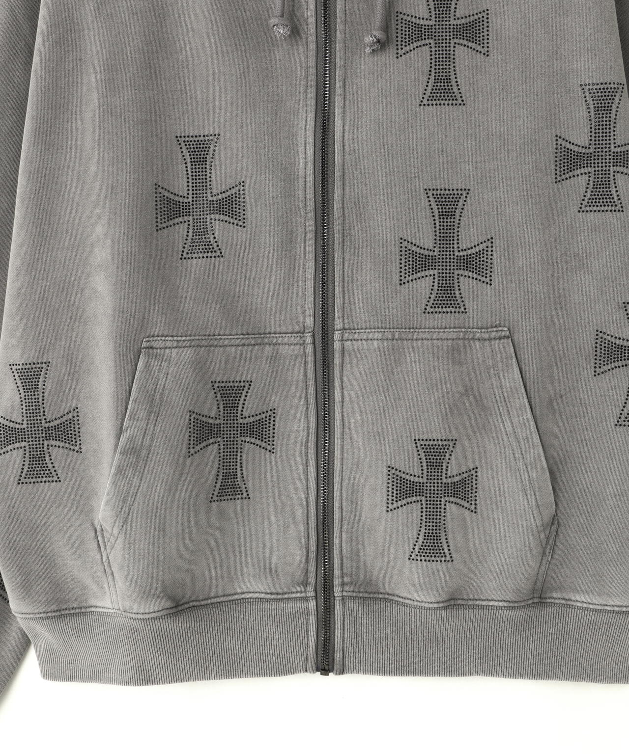 UNKNOWNLONDON/アンノウンロンドン/WASH GREY×BLACK CROSS ZIP HOODIE