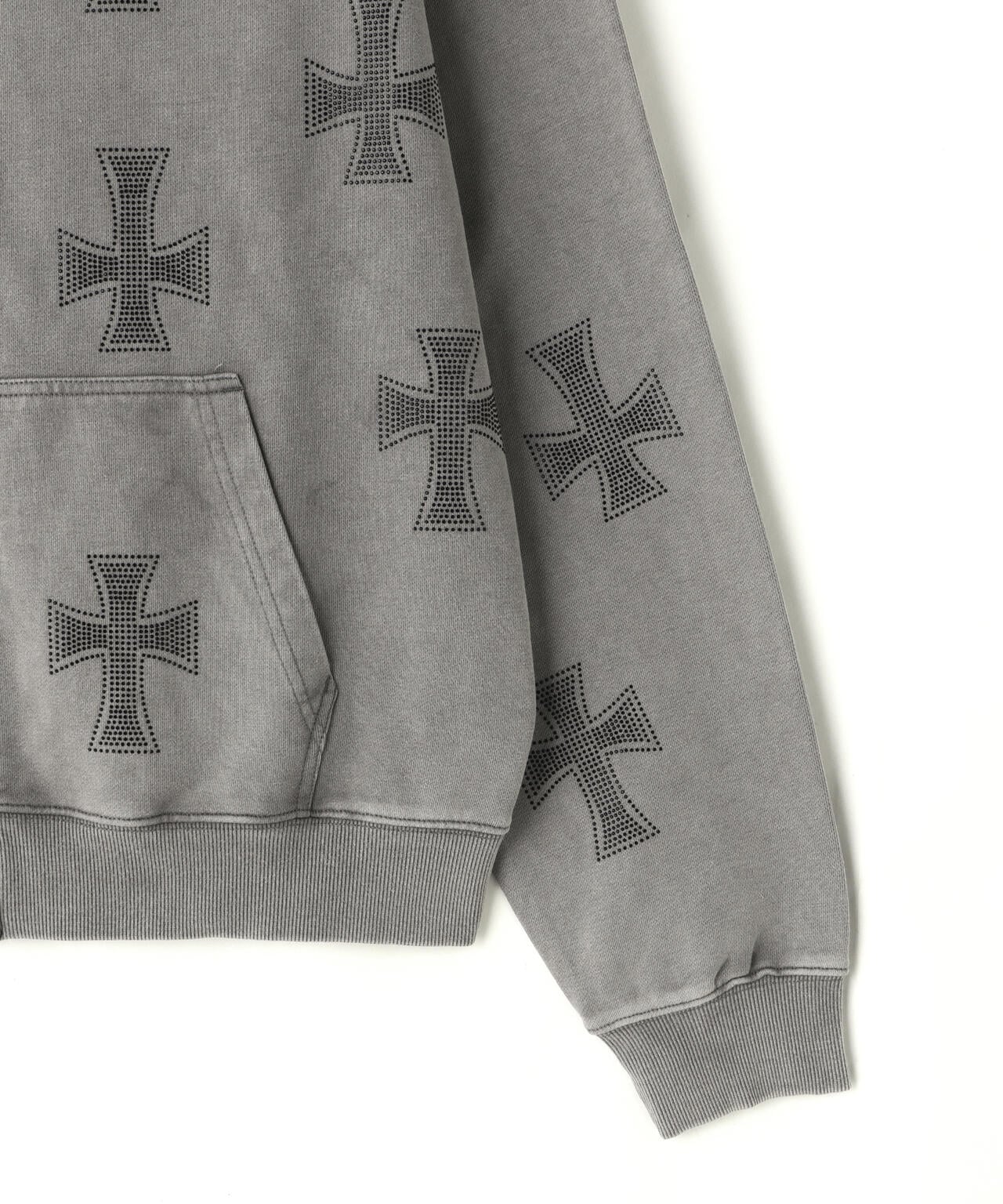 UNKNOWNLONDON/アンノウンロンドン/WASH GREY×BLACK CROSS ZIP HOODIE