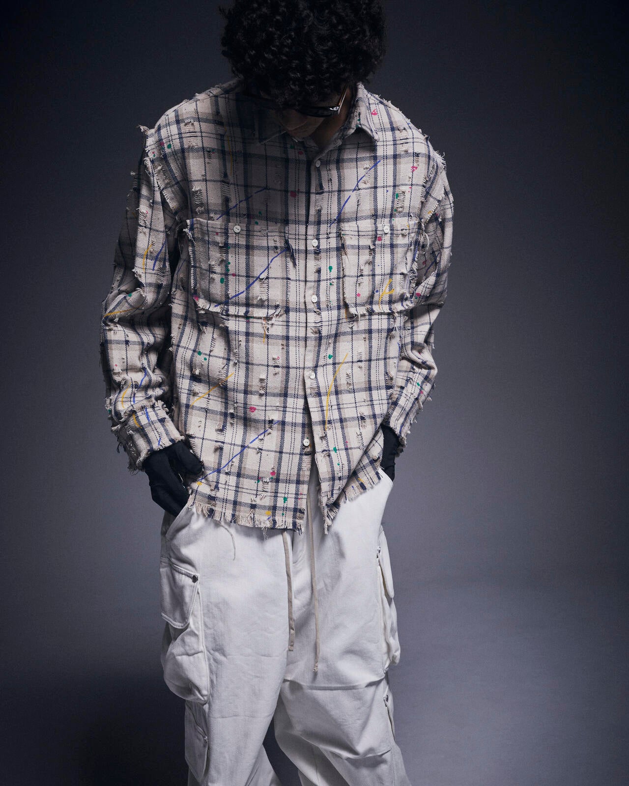 DankeSchon/ダンケシェーン/DAMAGE PAINT CHECK L/S SHIRTS
